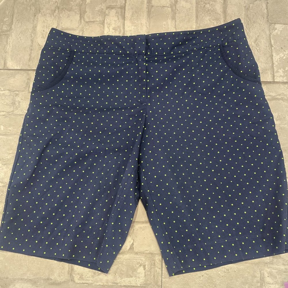 IZod Golf Bermuda Shorts Lightweight‎ Size 14 Navy Blue Green Polka Dots